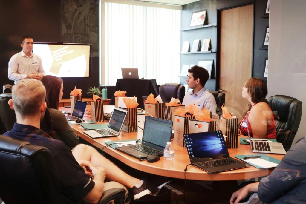 Marketing team reviewing growth plans in a meeting room